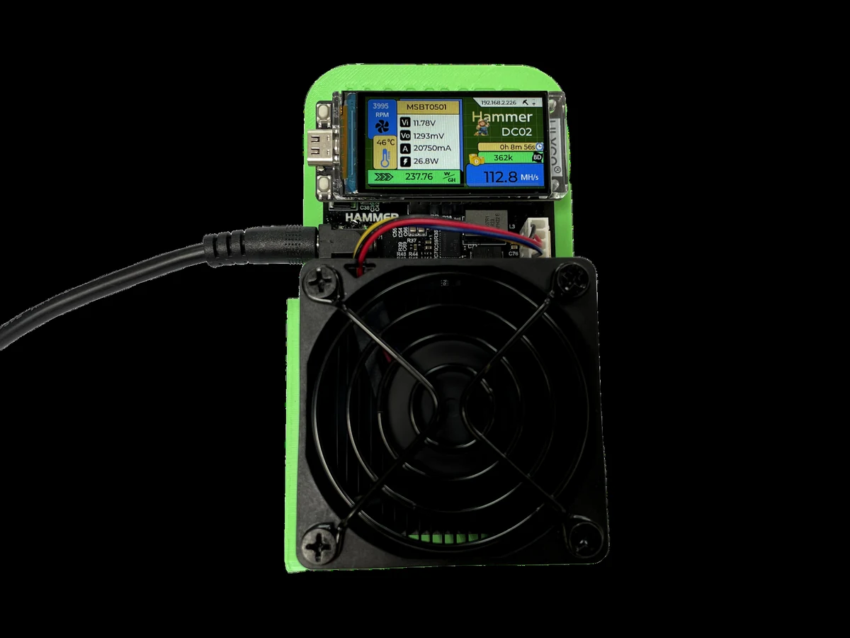 Contextual product photo: a Hammer home Bitcoin miner with a display and cooling fan; not the Antminer generations shown in the efficiency chart.