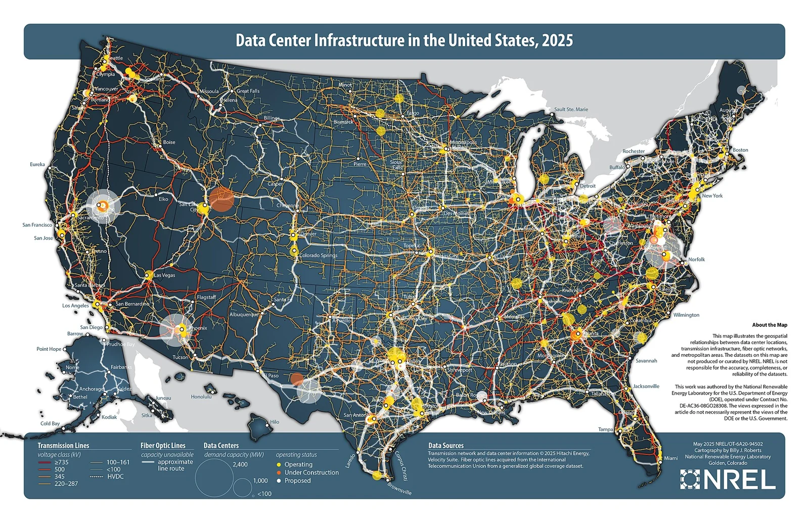 Mapa de infraestructura de centros de datos en Estados Unidos