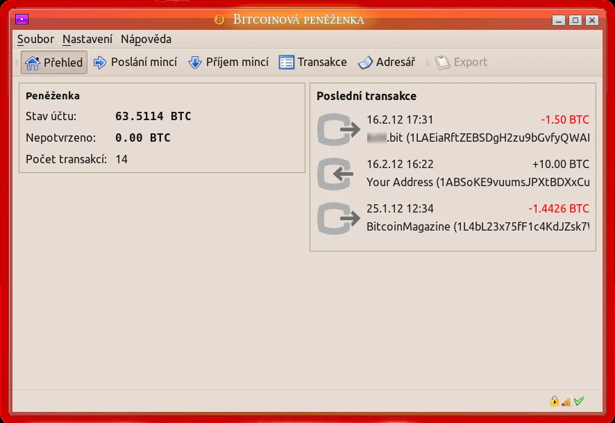Исторический интерфейс клиента Bitcoin; это не Bitcoin Core 32.0rc3.