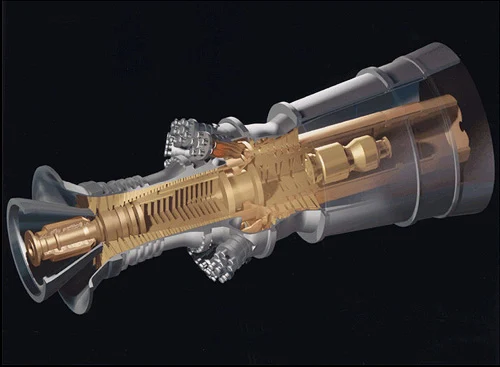 Archival cutaway illustration of a GE H-series gas turbine, from the US Department of Energy; not Shanghai Electric equipment or the Ganlu control system.