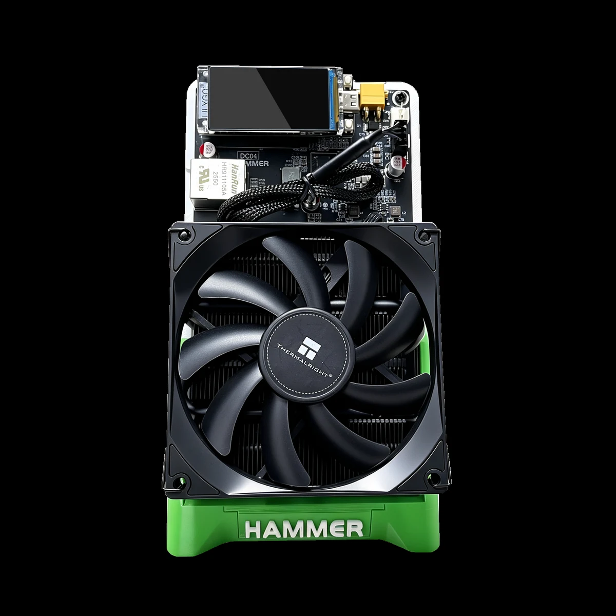 Contextual product photo of a Hammer home Bitcoin miner with a cooling fan; not an Antminer S19j Pro or a LuxOS compatibility claim.