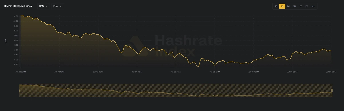 7-day line chart of Bitcoin hashprice in USD per PH/s/day from June 16 to June 23, 2025. The hashprice starts near $55, declines steadily to a low near $51.